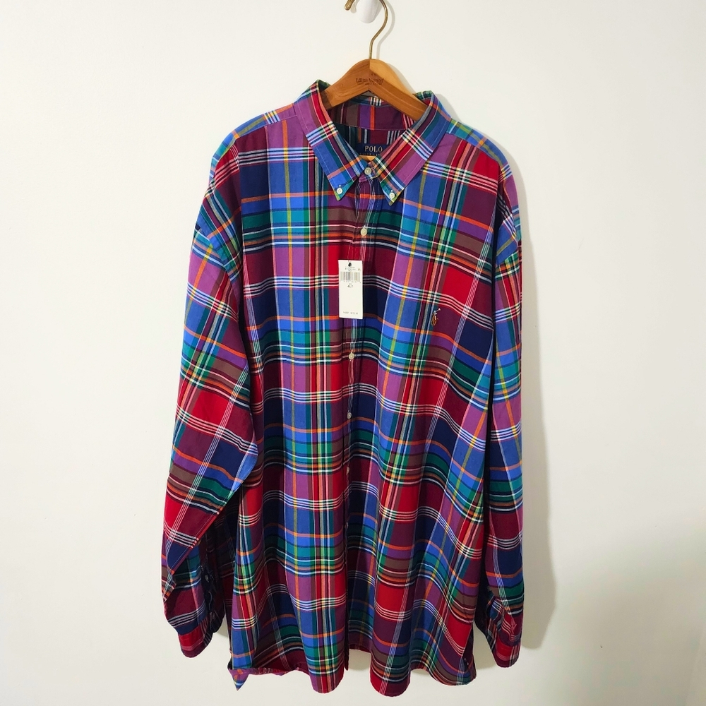 NWT Polo Ralph Lauren Men's Big & Tall Plaid Oxford Shirt, Red/‎ Blue, 4XLT - Picture 5 of 13